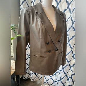 Women’s gray leather blazer jacket with black button accents